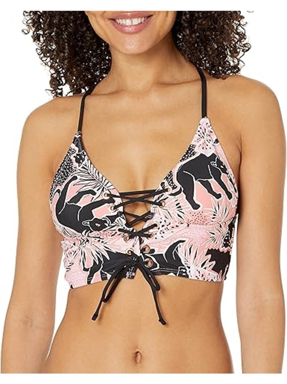 BCBGeneration Swim Black Panther Peach Jungle Print Lace-Up Bikini Top Sz Small